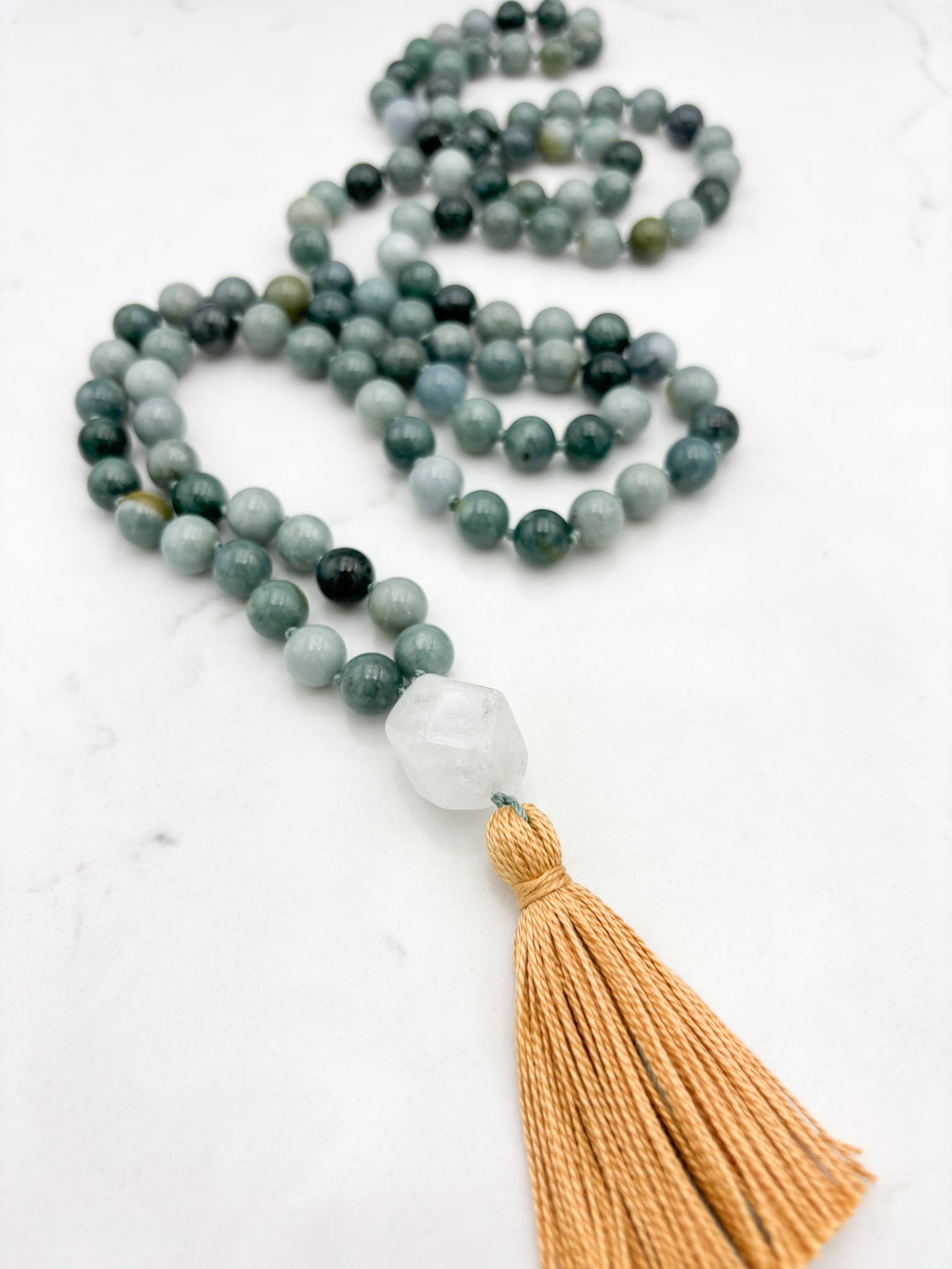 burma jade gemstone mala with quartz guru bead and gold tassel | radiant malas | handmade in boulder, colorado