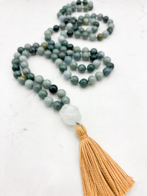 burma jade gemstone mala with quartz guru bead and gold tassel | radiant malas | handmade in boulder, colorado