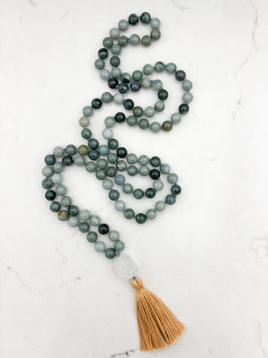 burma jade gemstone mala with quartz guru bead and gold tassel | radiant malas | handmade in boulder, colorado