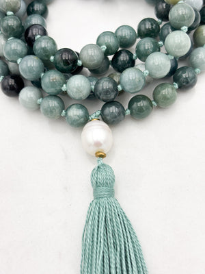 burma jade gemstone mala with freshwater pearl guru bead and sage green tassel | radiant malas | handmade in boulder, colorado
