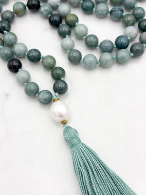 burma jade gemstone mala with freshwater pearl guru bead and sage green tassel | radiant malas | handmade in boulder, colorado