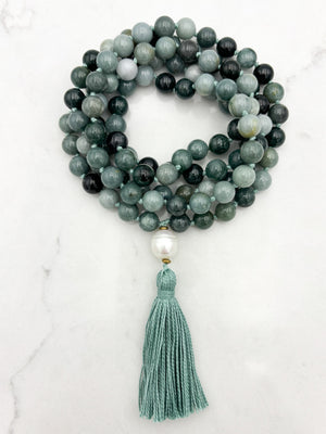 burma jade gemstone mala with freshwater pearl guru bead and sage green tassel | radiant malas | handmade in boulder, colorado