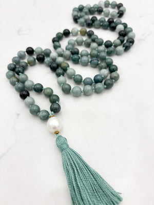 burma jade gemstone mala with freshwater pearl guru bead and sage green tassel | radiant malas | handmade in boulder, colorado