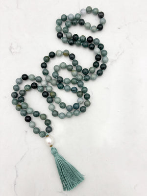 burma jade gemstone mala with freshwater pearl guru bead and sage green tassel | radiant malas | handmade in boulder, colorado