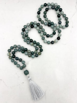 burma jade gemstone mala with white and green jade guru bead and gray tassel | radiant malas | handmade in boulder, colorado