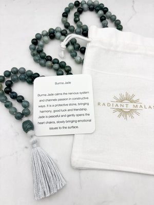 burma jade gemstone mala with white and green jade guru bead and gray tassel | radiant malas | handmade in boulder, colorado