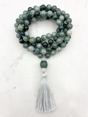 burma jade gemstone mala with white and green jade guru bead and gray tassel | radiant malas | handmade in boulder, colorado