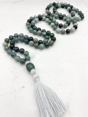 burma jade gemstone mala with white and green jade guru bead and gray tassel | radiant malas | handmade in boulder, colorado