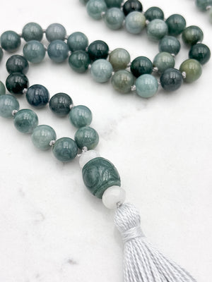 burma jade gemstone mala with white and green jade guru bead and gray tassel | radiant malas | handmade in boulder, colorado