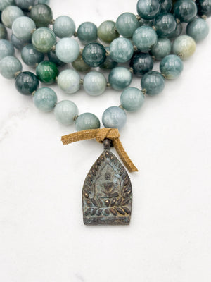 burma jade gemstone mala with antique brass pendant | radiant malas | handmade in boulder, colorado