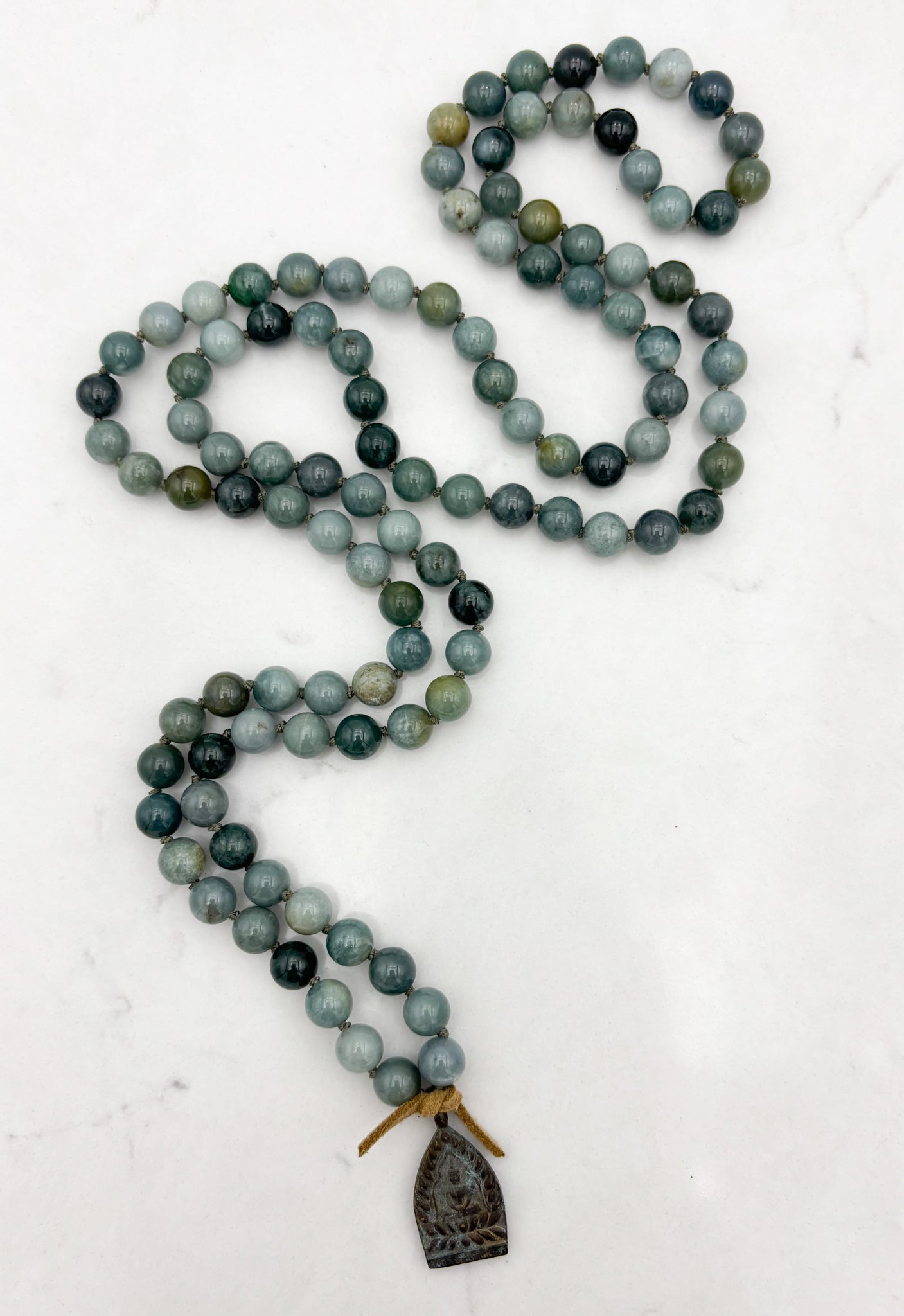 burma jade gemstone mala with antique brass pendant | radiant malas | handmade in boulder, colorado