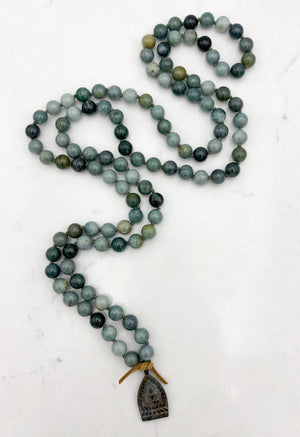 burma jade gemstone mala with antique brass pendant | radiant malas | handmade in boulder, colorado