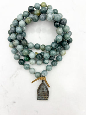 burma jade gemstone mala with antique brass pendant | radiant malas | handmade in boulder, colorado