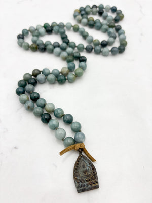 burma jade gemstone mala with antique brass pendant | radiant malas | handmade in boulder, colorado