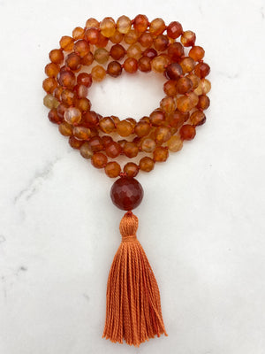 carnelian gemstone mala necklace with carnelian guru bead and orange tassel | radiant malas  | handmade in boulder, colorado