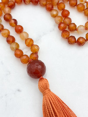 carnelian gemstone mala necklace with carnelian guru bead and orange tassel | radiant malas  | handmade in boulder, colorado