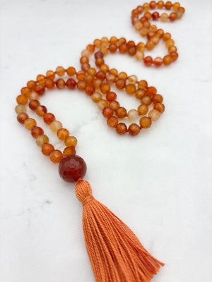 carnelian gemstone mala necklace with carnelian guru bead and orange tassel | radiant malas  | handmade in boulder, colorado