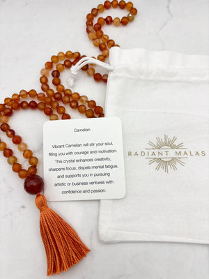 carnelian gemstone mala necklace with carnelian guru bead and orange tassel | radiant malas  | handmade in boulder, colorado