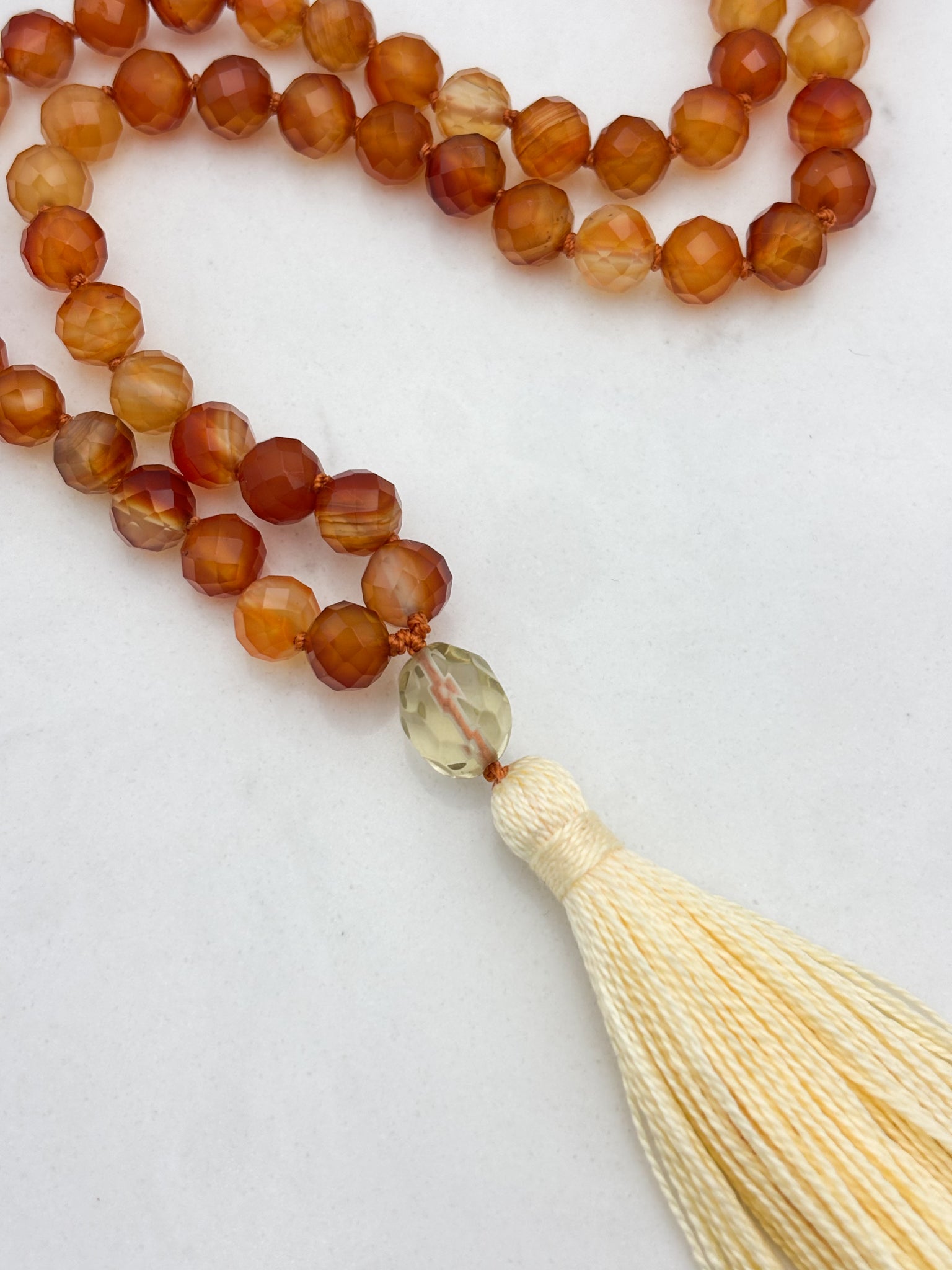 carnelian gemstone mala necklace with lemon quartz guru bead and yellow tassel | radiant malas  | handmade in boulder, colorado