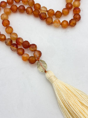 carnelian gemstone mala necklace with lemon quartz guru bead and yellow tassel | radiant malas  | handmade in boulder, colorado