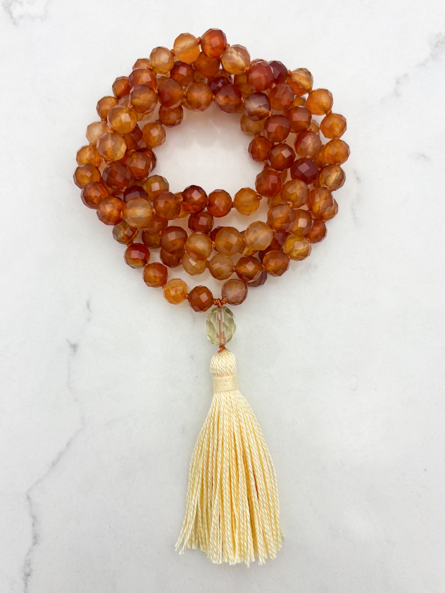 carnelian gemstone mala necklace with lemon quartz guru bead and yellow tassel | radiant malas  | handmade in boulder, colorado