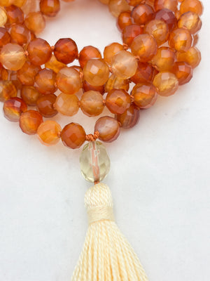 carnelian gemstone mala necklace with lemon quartz guru bead and yellow tassel | radiant malas  | handmade in boulder, colorado