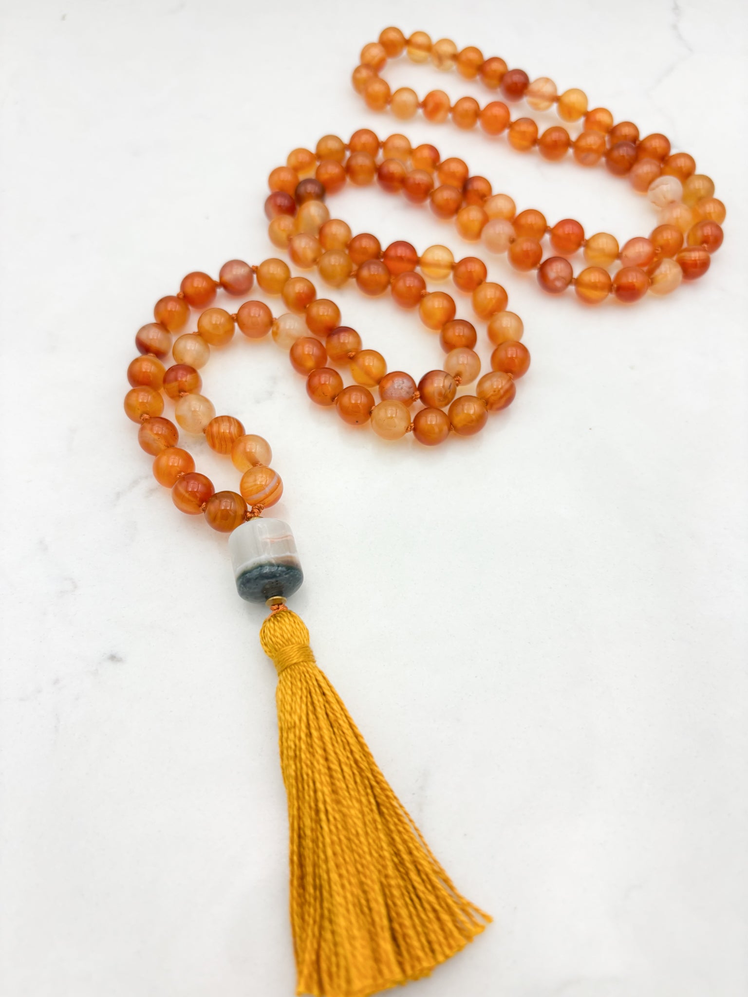 carnelian gemstone mala necklace with agate guru bead and gold tassel | radiant malas  | handmade in boulder, colorado