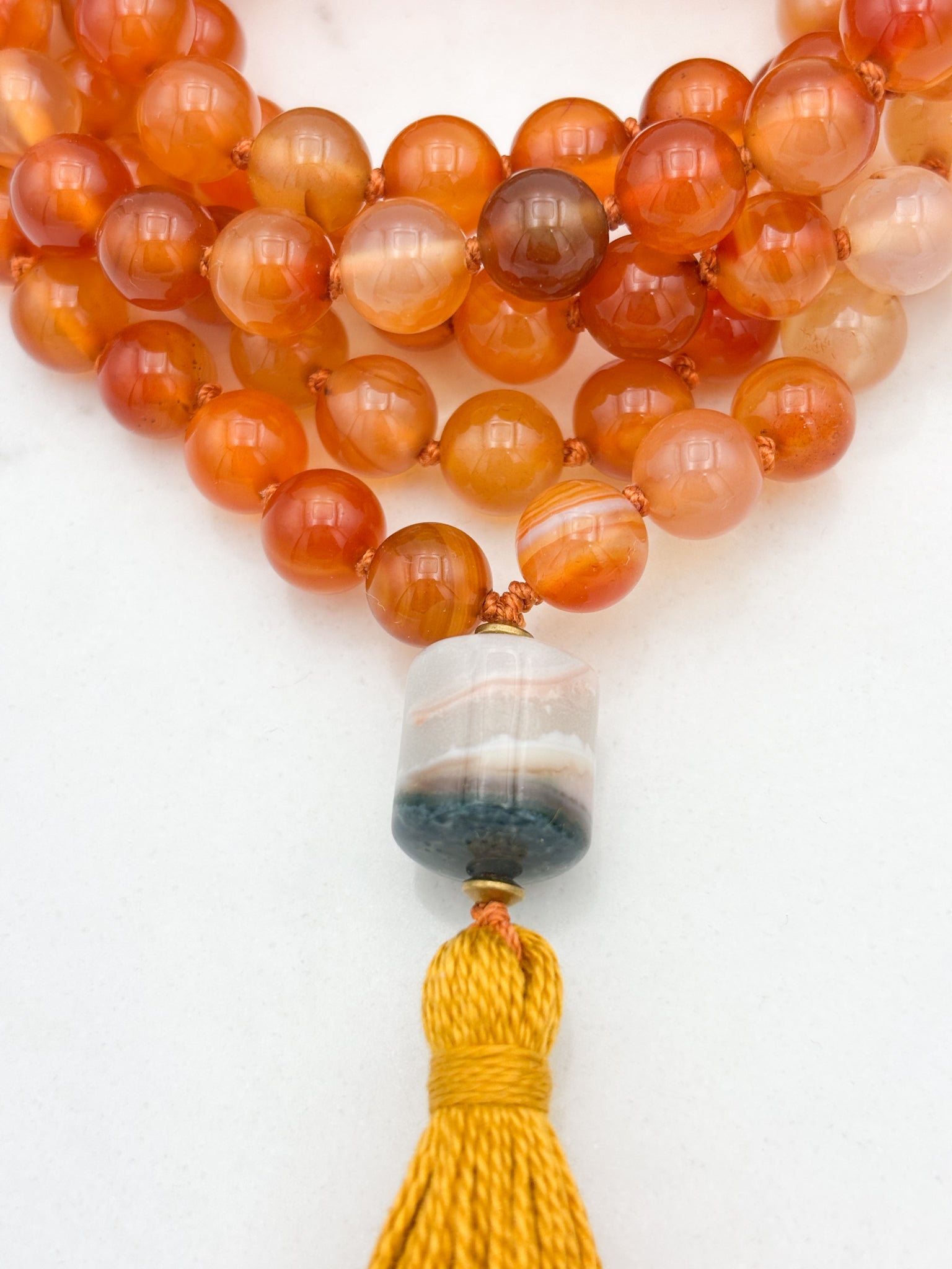 carnelian gemstone mala necklace with agate guru bead and gold tassel | radiant malas  | handmade in boulder, colorado