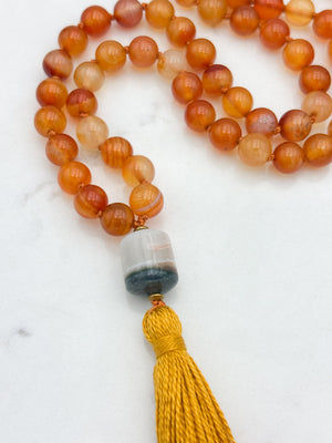 carnelian gemstone mala necklace with agate guru bead and gold tassel | radiant malas  | handmade in boulder, colorado