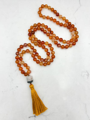 carnelian gemstone mala necklace with agate guru bead and gold tassel | radiant malas  | handmade in boulder, colorado