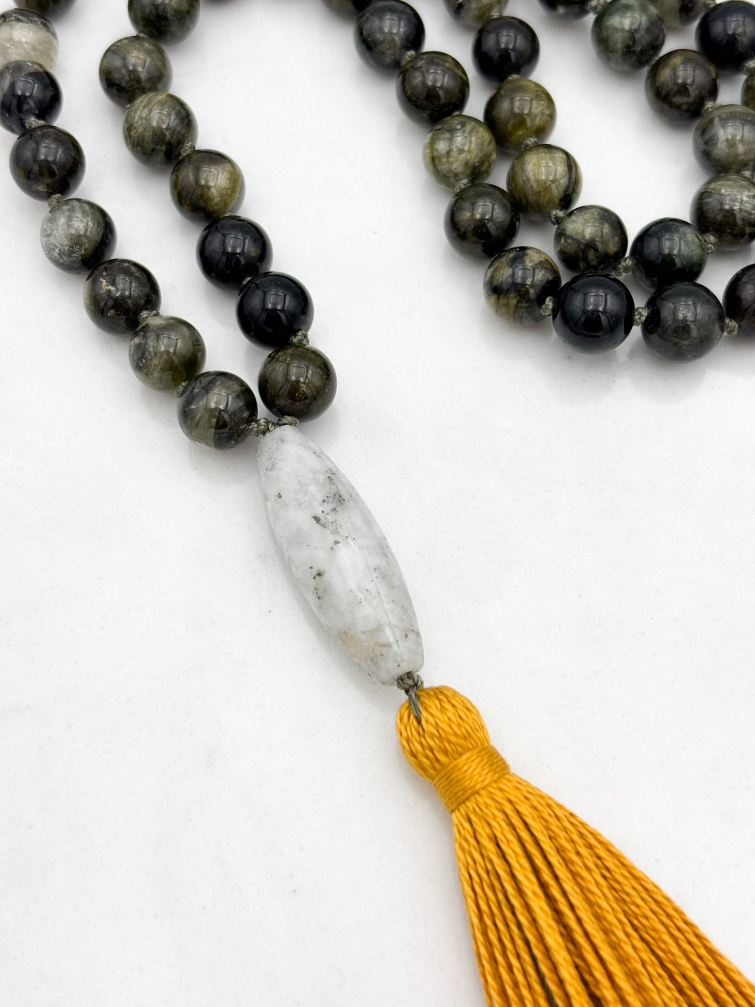 green tourmaline gemstone mala with quartz pyrite guru bead and gold tassel | radiant malas |handmade in boulder, colorado