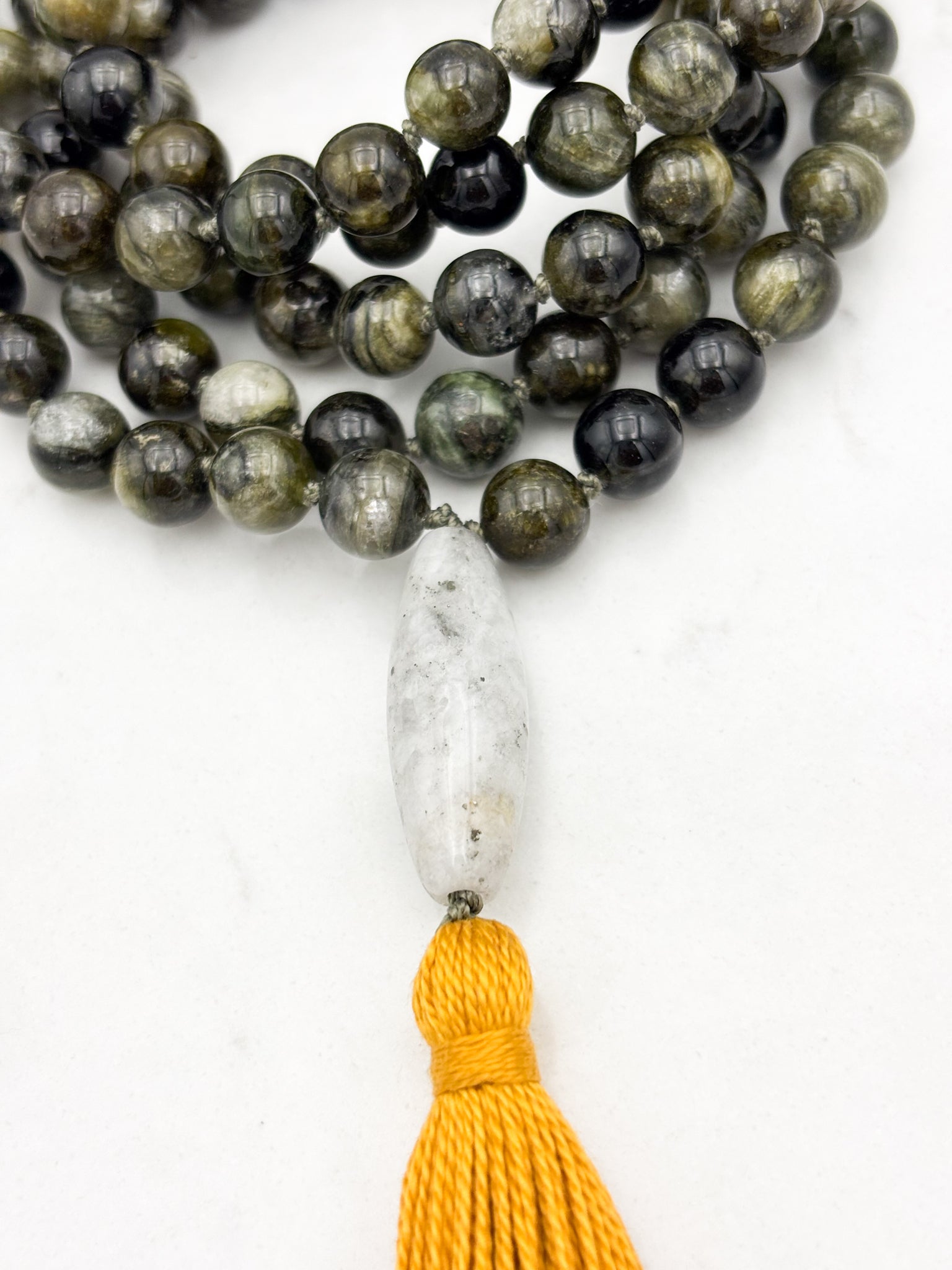 green tourmaline gemstone mala with quartz pyrite guru bead and gold tassel | radiant malas |handmade in boulder, colorado