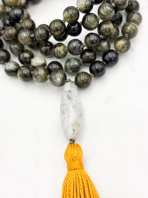 green tourmaline gemstone mala with quartz pyrite guru bead and gold tassel | radiant malas |handmade in boulder, colorado