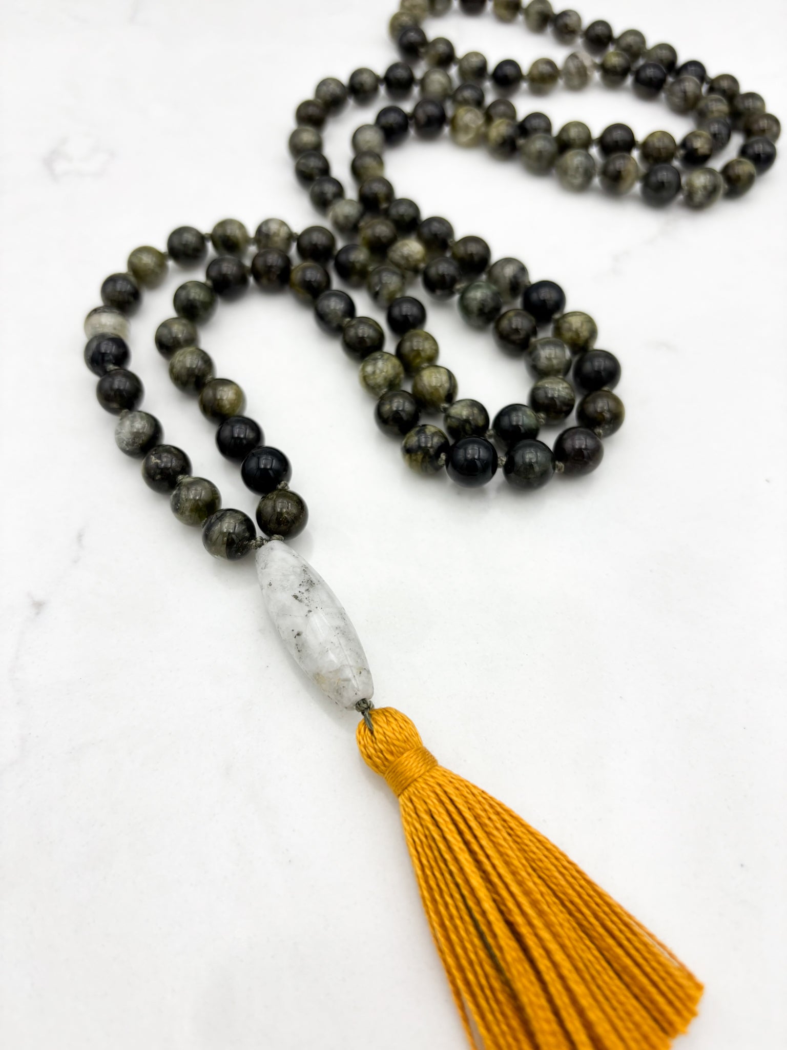 green tourmaline gemstone mala with quartz pyrite guru bead and gold tassel | radiant malas |handmade in boulder, colorado