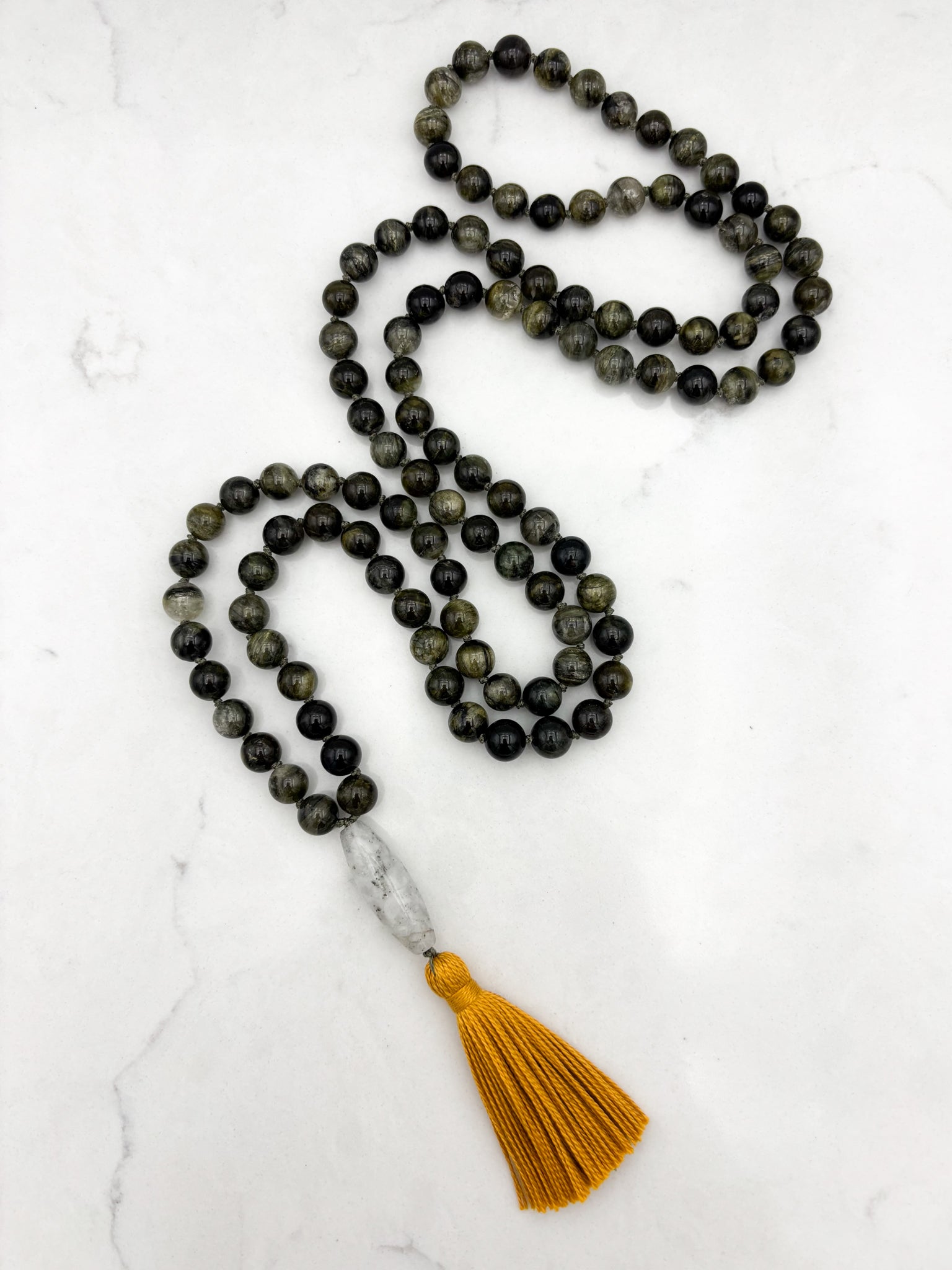 green tourmaline gemstone mala with quartz pyrite guru bead and gold tassel | radiant malas |handmade in boulder, colorado
