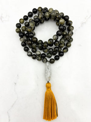 green tourmaline gemstone mala with quartz pyrite guru bead and gold tassel | radiant malas |handmade in boulder, colorado