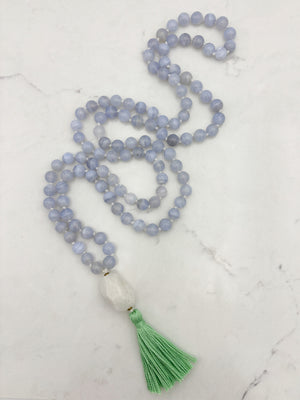 chalcedony gemstone mala with moonstone guru bead and green tassel | radiant malas | handmade in boulder, colorado