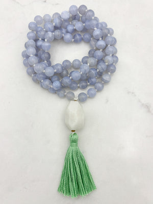 chalcedony gemstone mala with moonstone guru bead and green tassel | radiant malas | handmade in boulder, colorado
