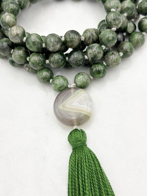 chrome diopside gemstone mala necklace with botswana agate guru bead and green tassel | radiant malas | handmade in boulder, colorado