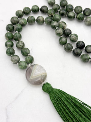chrome diopside gemstone mala necklace with botswana agate guru bead and green tassel | radiant malas | handmade in boulder, colorado