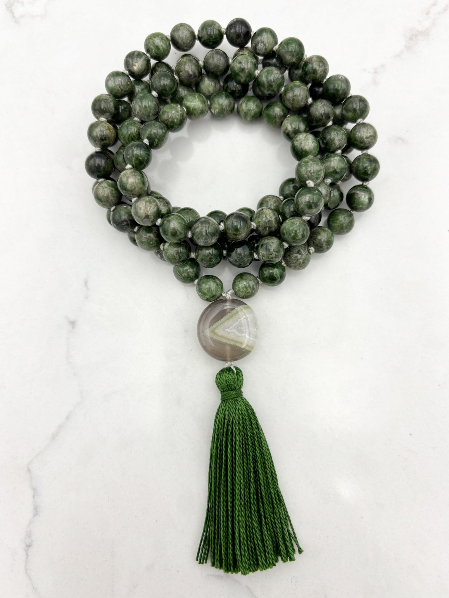 chrome diopside gemstone mala necklace with botswana agate guru bead and green tassel | radiant malas | handmade in boulder, colorado
