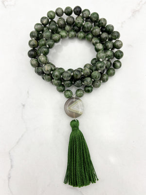 chrome diopside gemstone mala necklace with botswana agate guru bead and green tassel | radiant malas | handmade in boulder, colorado