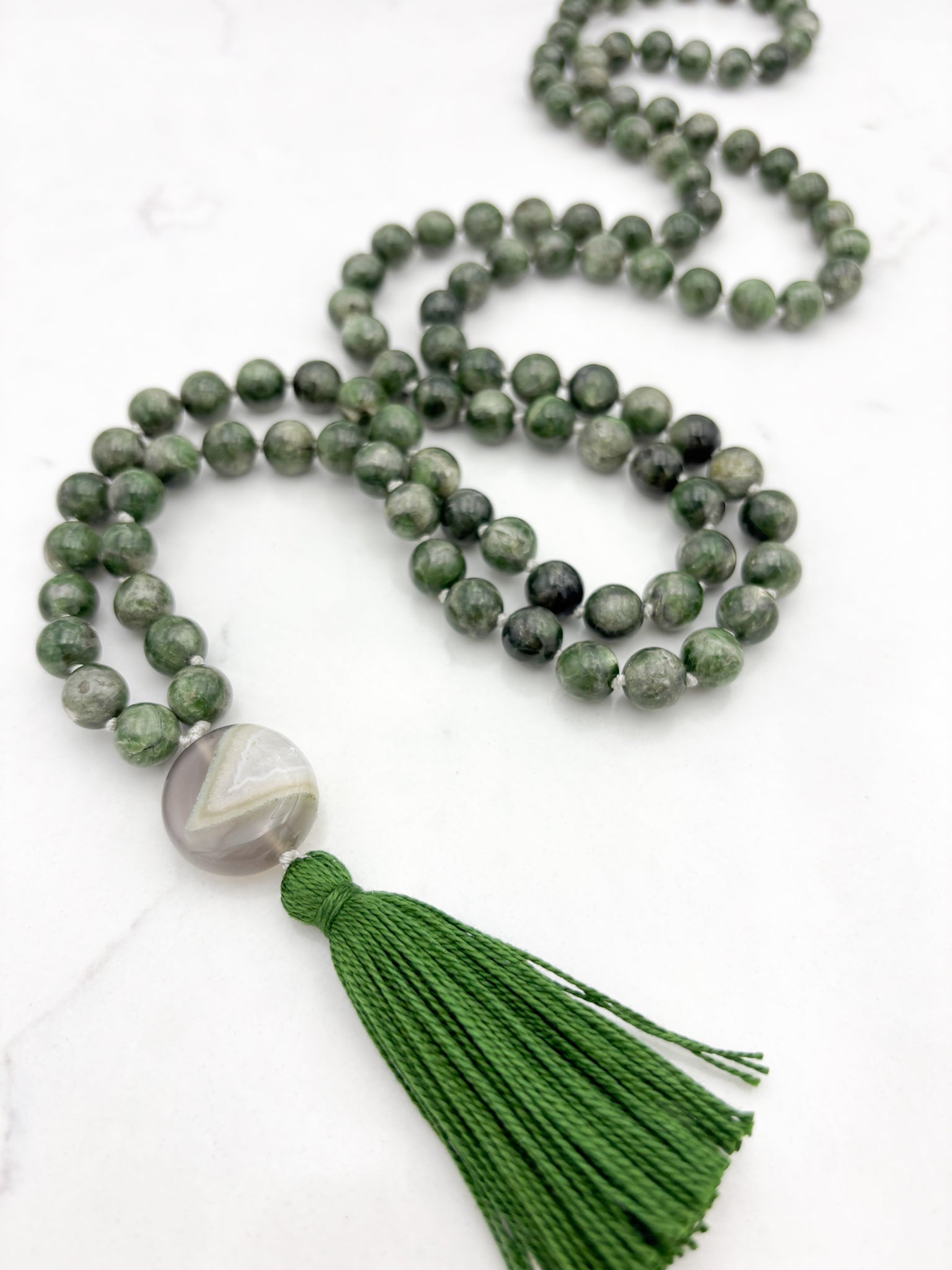 chrome diopside gemstone mala necklace with botswana agate guru bead and green tassel | radiant malas | handmade in boulder, colorado