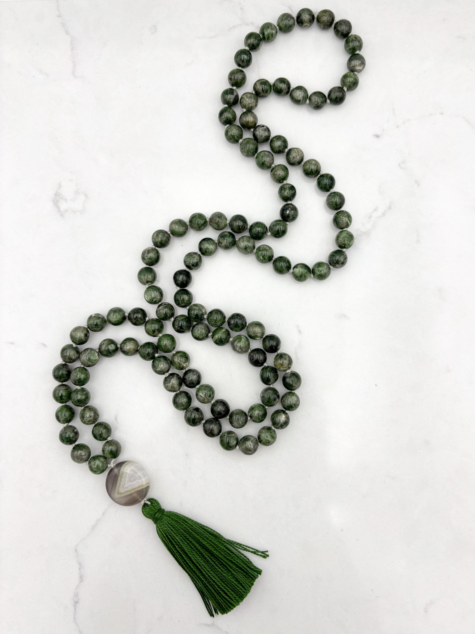 chrome diopside gemstone mala necklace with botswana agate guru bead and green tassel | radiant malas | handmade in boulder, colorado