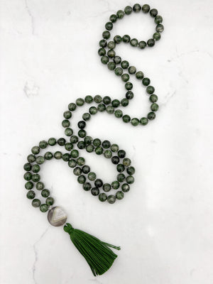 chrome diopside gemstone mala necklace with botswana agate guru bead and green tassel | radiant malas | handmade in boulder, colorado