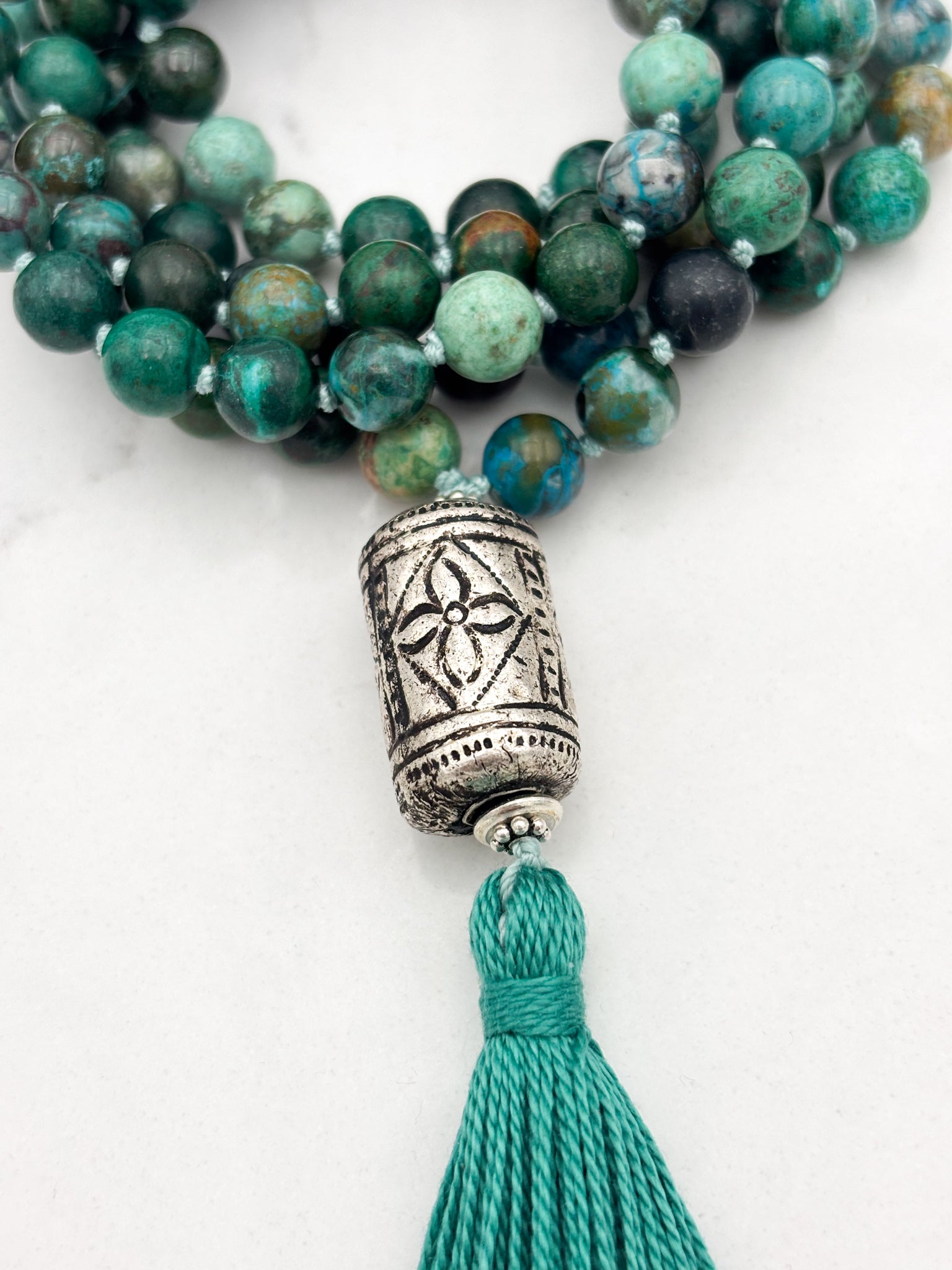 chrysocolla gemstone mala necklace  with etched silver guru bead and green tassel| radiant malas | handmade in boulder, colorado