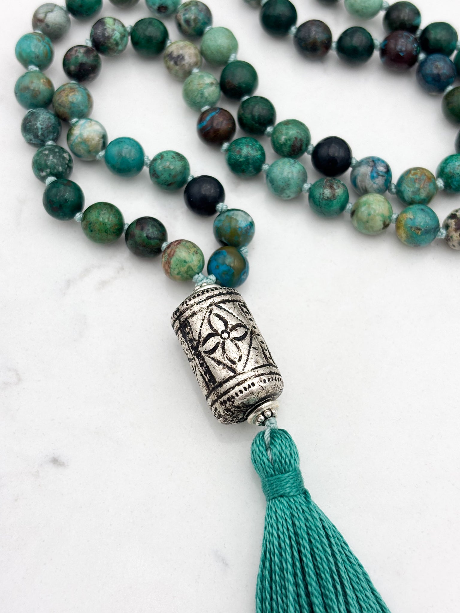 chrysocolla gemstone mala necklace  with etched silver guru bead and green tassel| radiant malas | handmade in boulder, colorado