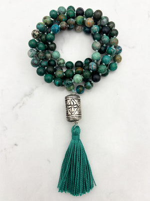 chrysocolla gemstone mala necklace  with etched silver guru bead and green tassel| radiant malas | handmade in boulder, colorado