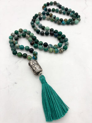 chrysocolla gemstone mala necklace  with etched silver guru bead and green tassel| radiant malas | handmade in boulder, colorado