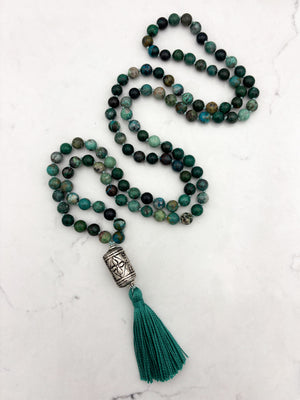 chrysocolla gemstone mala necklace  with etched silver guru bead and green tassel| radiant malas | handmade in boulder, colorado